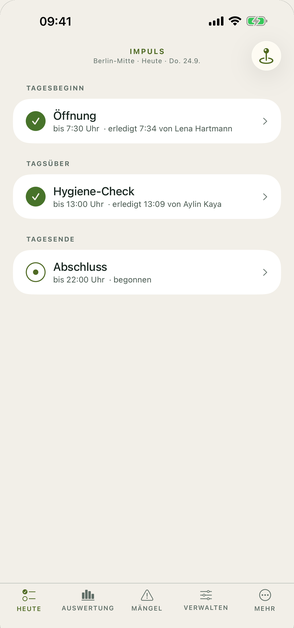 ImpulsCheck auf dem iPhone: Heute-Ansicht mit Öffnung, Hygiene-Check und Abschluss