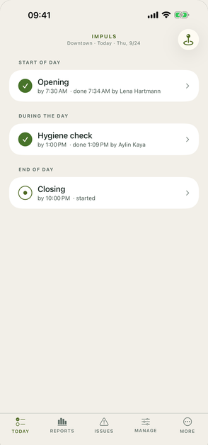 ImpulsCheck on iPhone: Today view with opening, hygiene check and closing